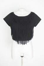 blusa cardigan lovers feminina preta com franja e macramê