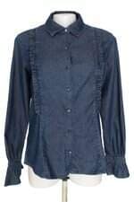 camisa feminina damyller azul com babado e laço