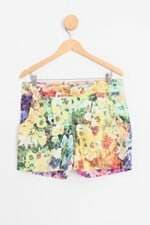 shorts wool line feminino estampado com aplique e pregas