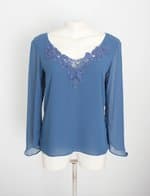 blusa afghan feminina azul com bordado e forro