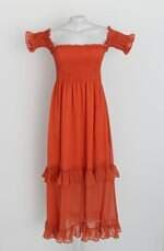 vestido feminino laranja coral com franzido e meio forro