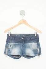 shorts jeans planetgirls feminina azul com aplique e recortes