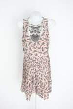 vestido antix feminino estampado com aplique e plissado