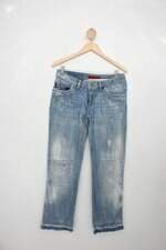 Calça Jeans ellus feminina estornada com rasgo e barra desfiada azul 