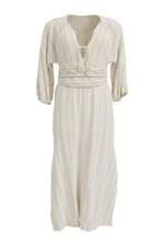 Vestido em Viscolinho Bege com Fios Dourado Cris Barros