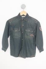 camisa jeans kids azul com bordado