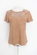 blusa luzia fazzolli feminina marrom com aplique e corte à laser