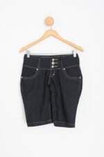 bermuda jeans feminina azul com bordado e hotfix