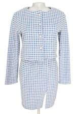 conjunto duas peças de tricô feminino azul com cós com elástico e fenda