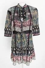 vestido costume feminino estampado com pregas e renda