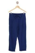 calça de tecido feminina azul com barra italiana e cós com elástico