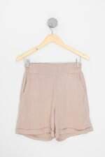 shorts maria solta feminino bege com cós com elástico e meio forro