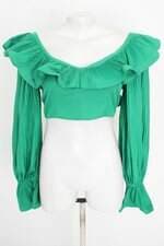 blusa cropped feminina verde com babado e plissado