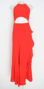 vestido feminino laranja com recortes e sobreposição