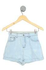 shorts jeans C&A kids azul com barra italiana e bordado