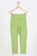 calça de tecido costume feminina verde com cós com elástico
