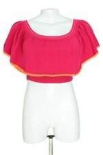 blusa cropped open feminina rosa com babado