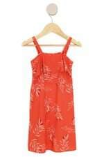 vestido em viscose Malwee kids laranja com folhagem e babado