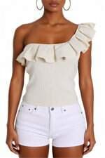 cropped ombro único Zara feminino bege com babado