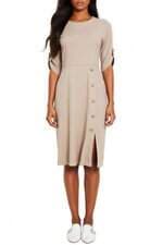 vestido midi d.d.l feminino bege com aplique de botôes