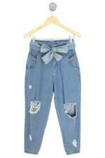 Calça Mom Jeans Destroyed Com Faixa na Cintura Sawary 