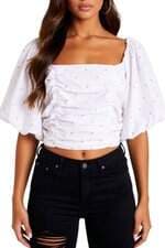 cropped manga bufante C&A feminino off white com bordado