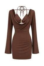 Vestido Curto Manga Longa Drapeado Marrom My Favorite Things 