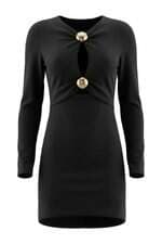 Vestido Curto Manga Longa Aviamento Dourado Frontal Preto Lança Perfume