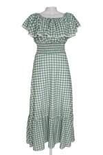 Vestido mustache feminino verde xadrez com babado e franzido