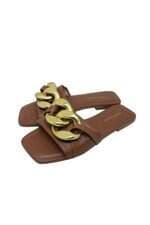 Rasteira Marrom com Corrente Grumetta Dourada Constance