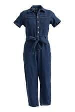 Macacão Feminino Jeans INK Manga Curta com amarração na cintura Azul