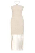 Vestido Feminino Achados das Influencers Tricotado com Textura em Relevo e Franja Bege