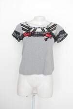 Blusa doce flor feminina cinza com Transparência e Patches florais
