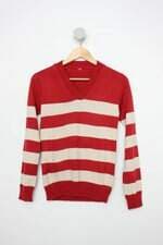Suéter feminino vermelho com listras bege 