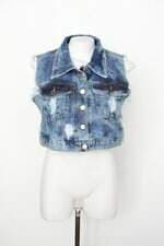 Colete jeans lajove jeans feminino azul destroyed