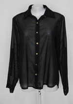 Camisa rana feminina preto com Transparência e aplique em poás dourado