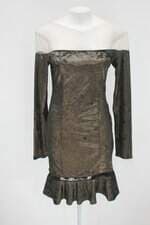 Vestido de Veludo Moikana feminino dourado com Tule e Recortes