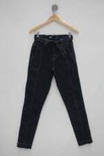 Calça Jeans patchwork feminina azul com Faixa na Cintura e Nervura
