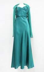 Vestido de Festa de cetim feminino verde com Plissado e echarpe
