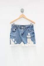 Saia Jeans feminina azul com Babado