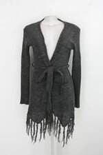 Cardigan feminino cinza com Franja e Faixa na Cintura