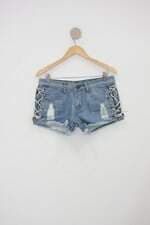 Shorts feminino azul com Tiras e Ilhós