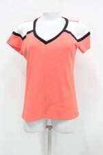 Blusa canelada anemone feminina coral com umas listra preta e branco 