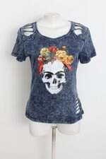 Blusa bela modas feminina azul com Silk e Aplique