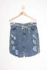 Saia Jeans Fort Look feminina azul com Fenda e Ilhós